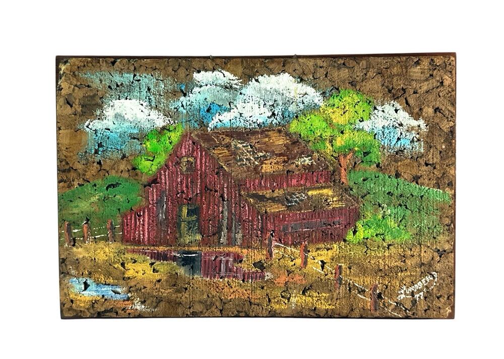 Vintage 1977 Lundberg Signed Painted Cork Art Red Barn Landscape Folk Art 12x8